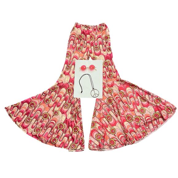 Pink Flower Power Bell Bottom Pants Necklace & Sunglasses Hippie LG - Picture 2 of 4